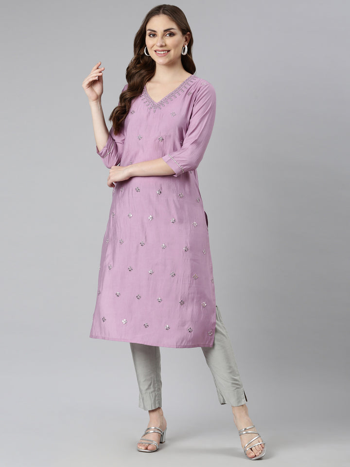 Neerus Lavender Panelled Straight Embellished Kurta