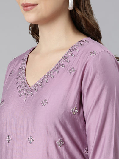 Neerus Lavender Panelled Straight Embellished Kurtas