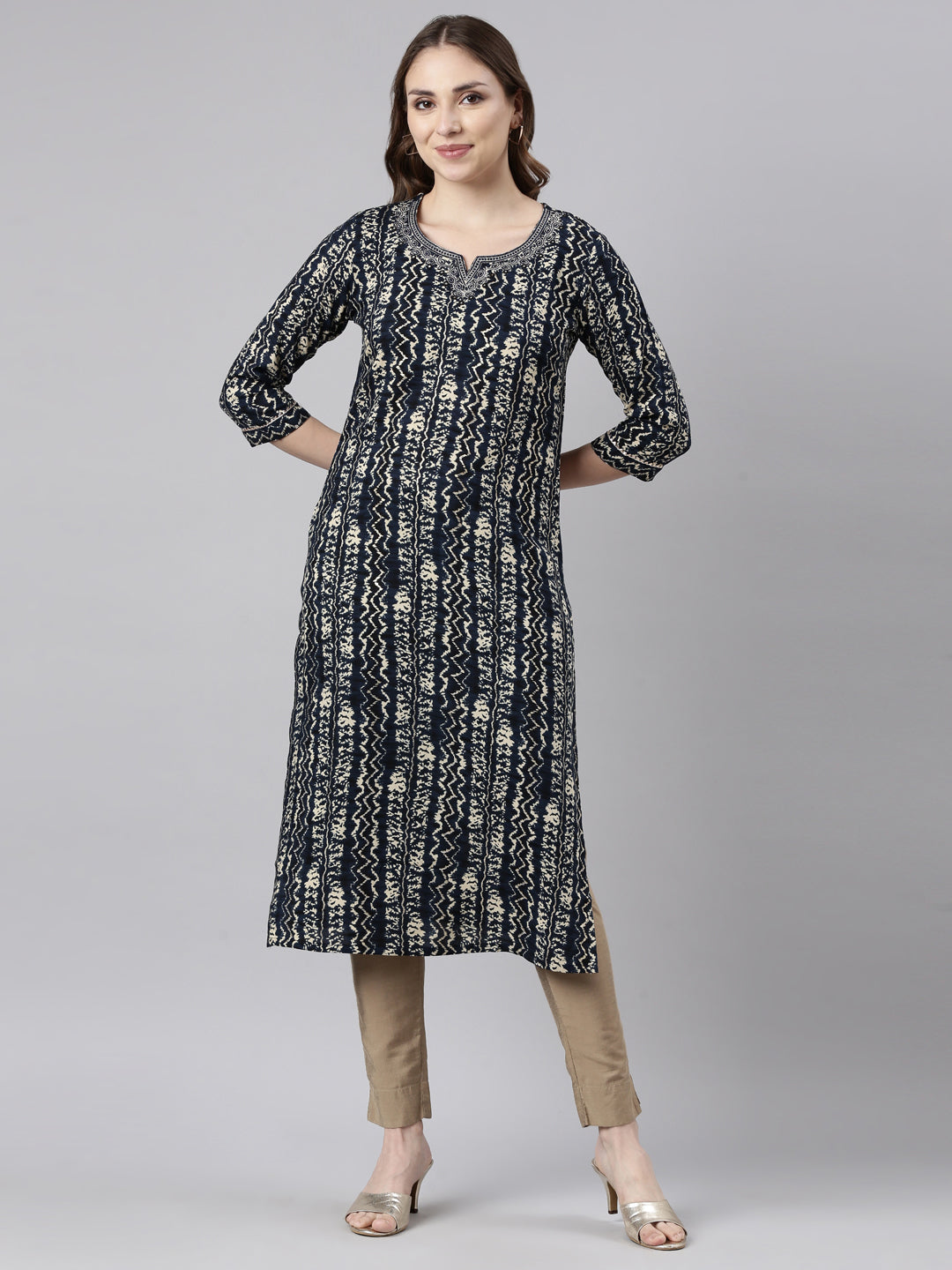 Neerus Blue printed chevron straight kurti - front view