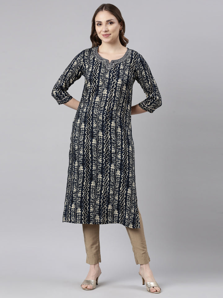 Neerus Blue printed chevron straight kurti - front view