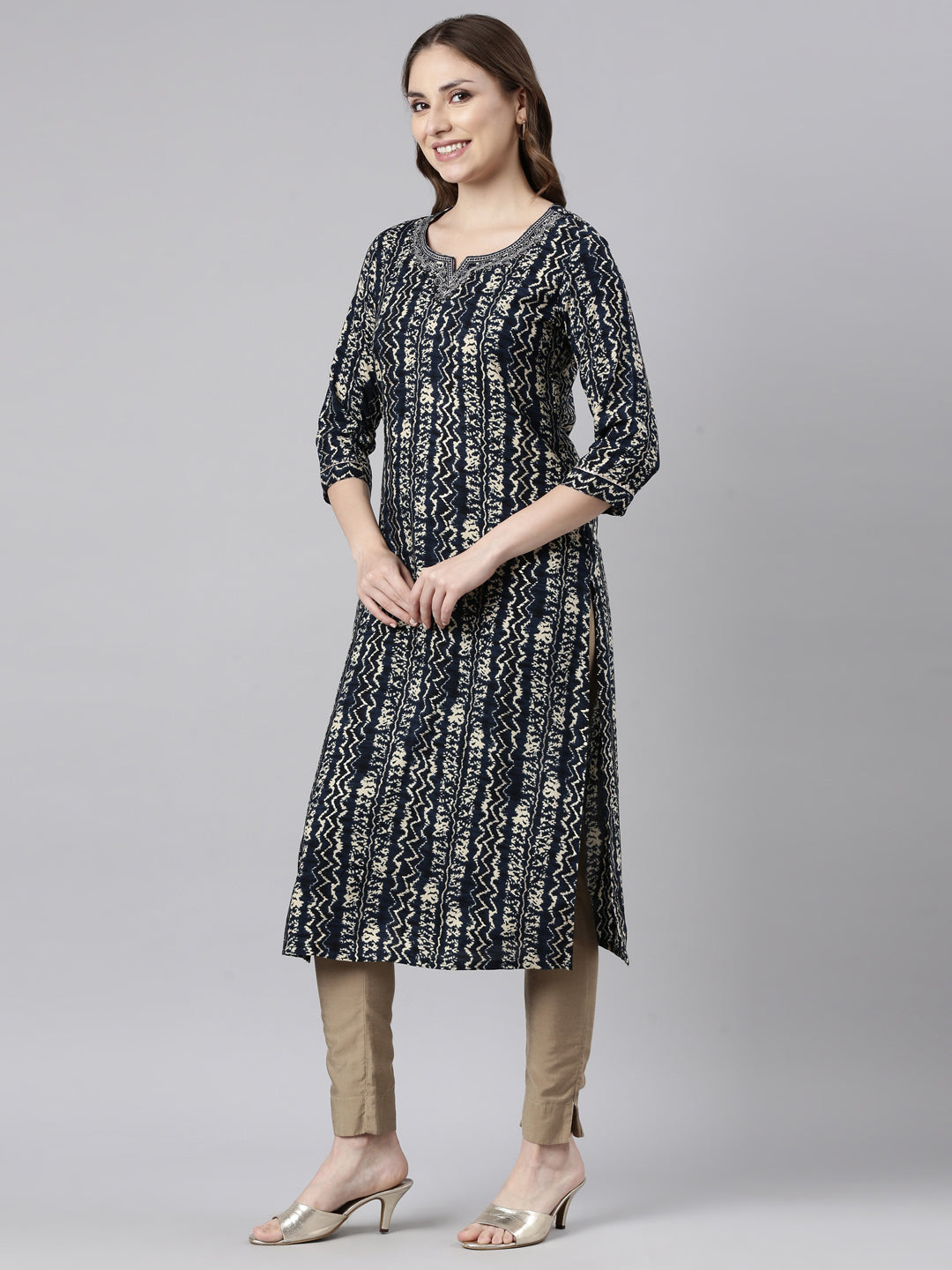 Neerus Blue printed chevron straight kurti - back view