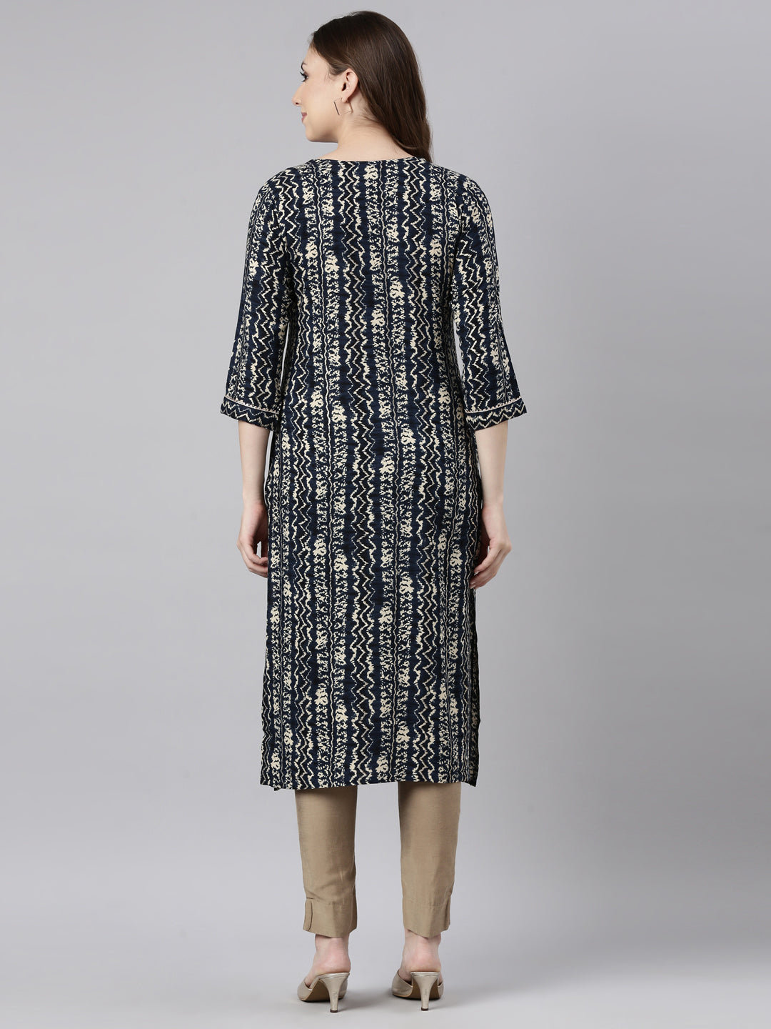 Neerus Blue printed chevron straight kurti - side view