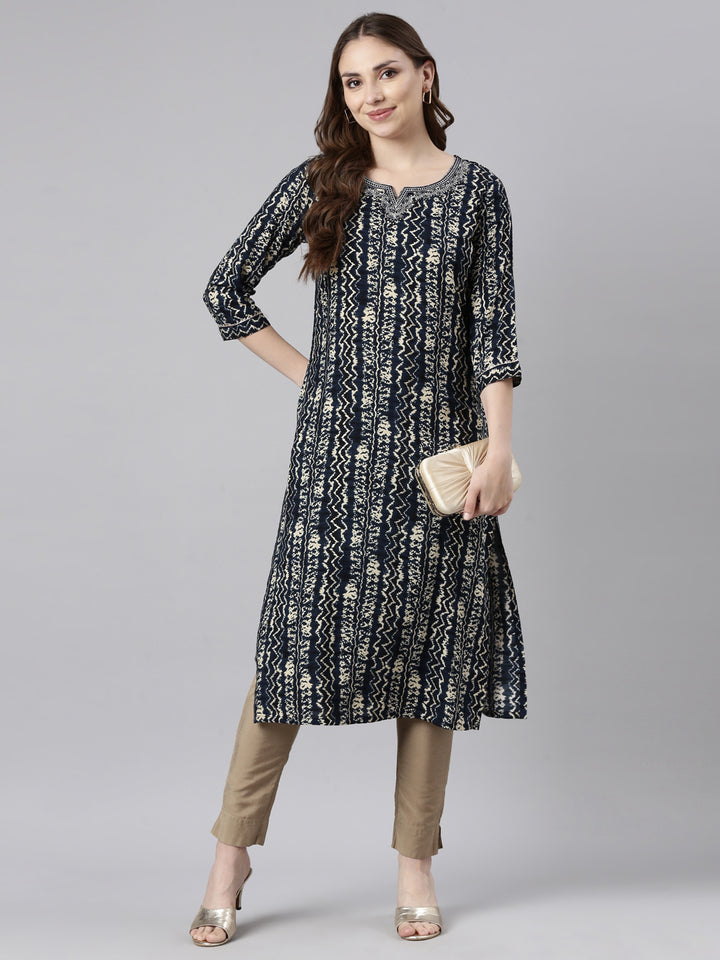 Neerus Blue printed chevron straight kurti - detail view 1