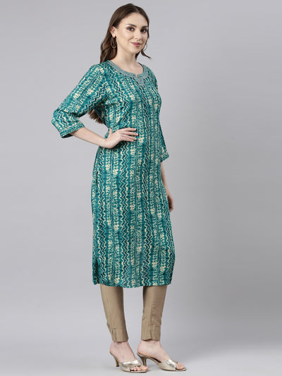Neerus Green Regular Straight Chevron Kurtas