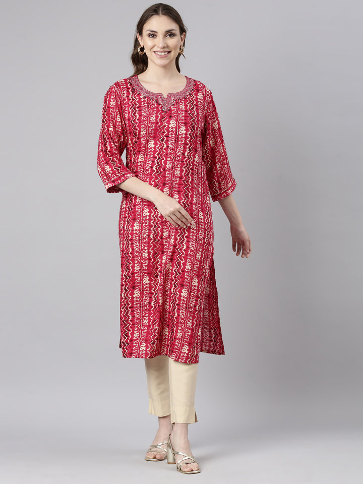 Neerus Pink printed straight kurti chevron pattern - front view