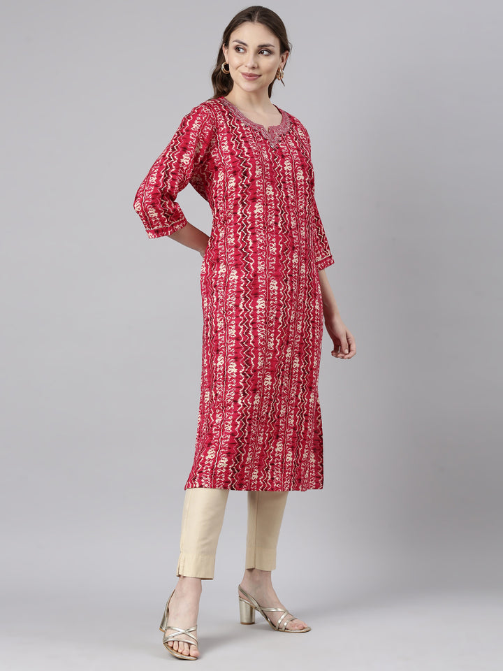 Neerus Pink printed straight kurti chevron pattern - back view