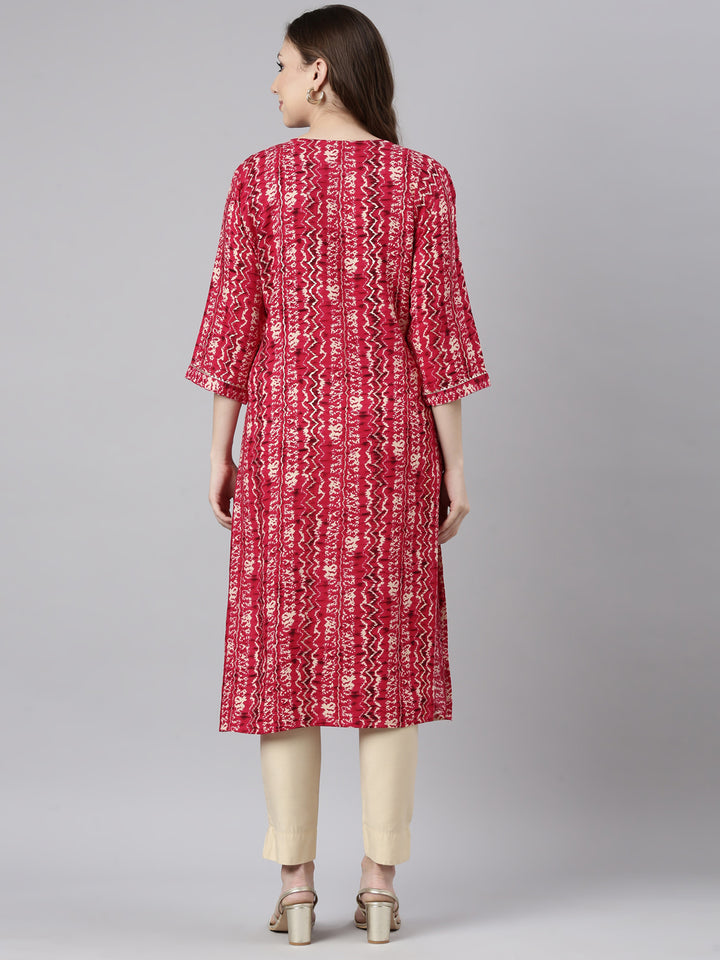 Neerus Pink printed straight kurti chevron pattern - side view