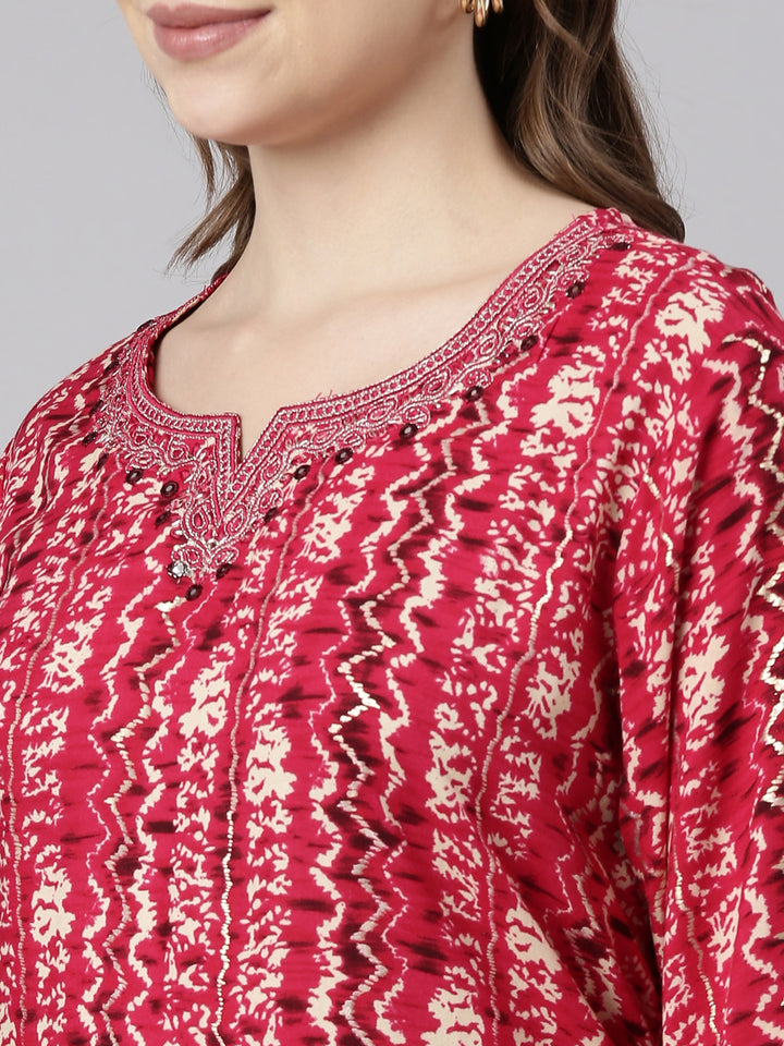 Neerus Pink printed straight kurti chevron pattern - detail view 1
