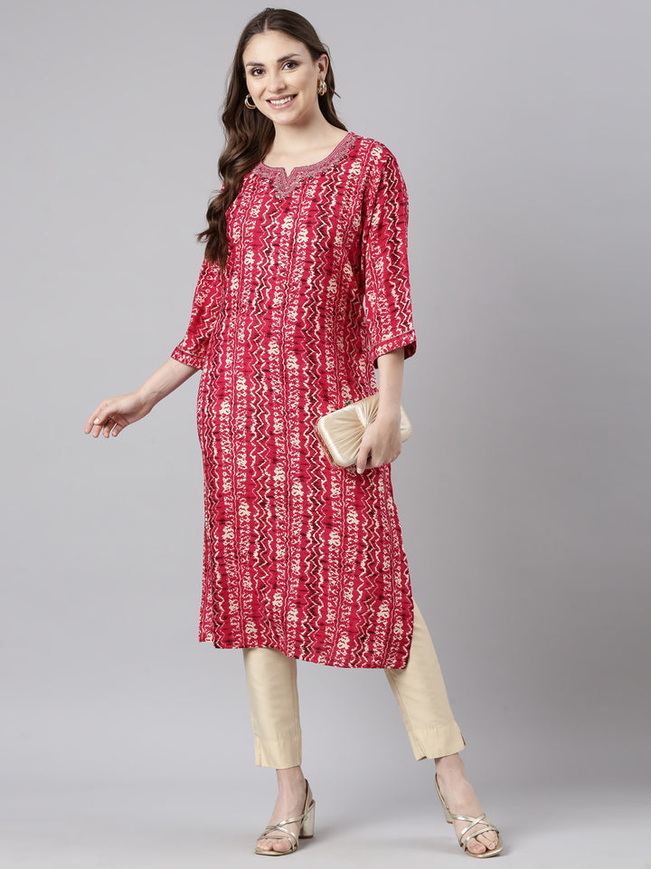 Neerus Pink printed straight kurti chevron pattern - detail view 2