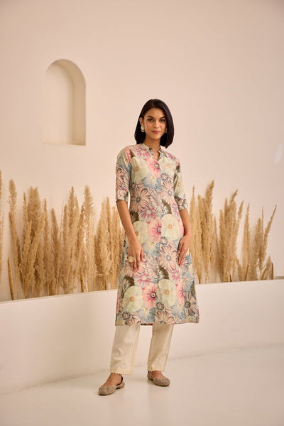 Neerus L Gray Straight Printed Kurta