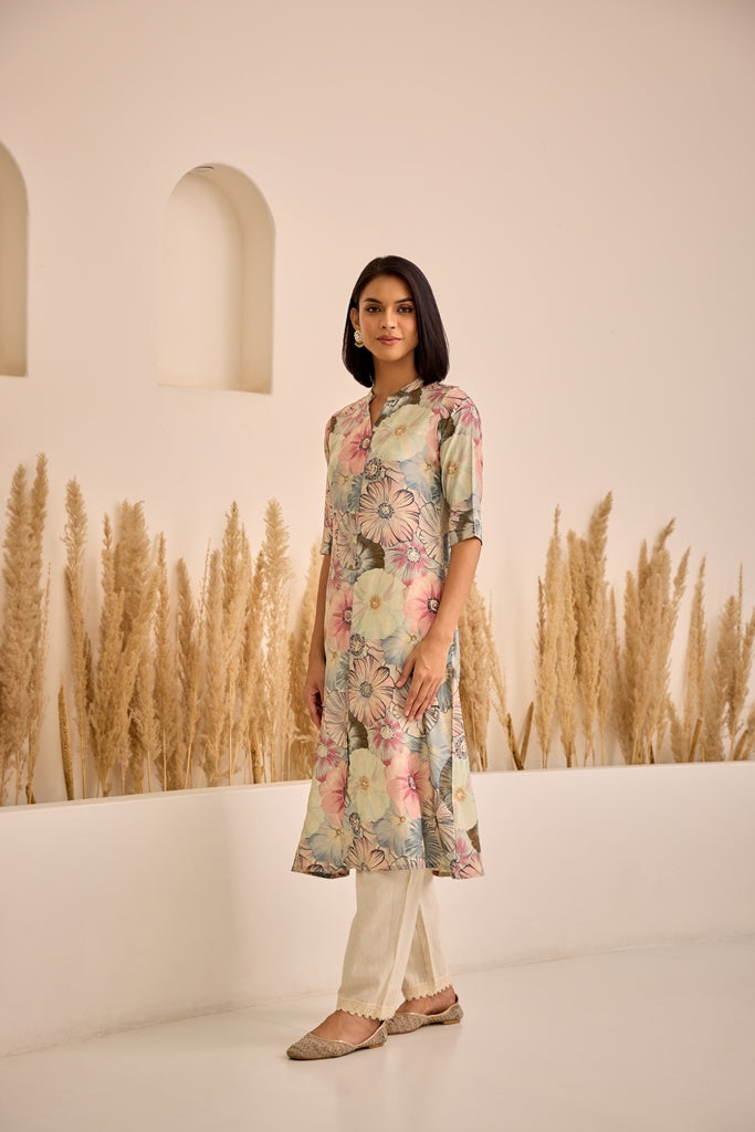Neerus Grey rayon printed straight kurti - side view