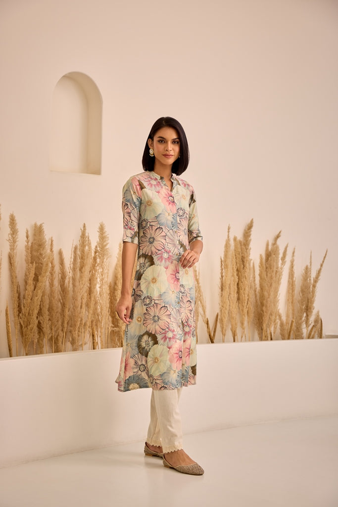 Neerus Grey rayon printed straight kurti - back view