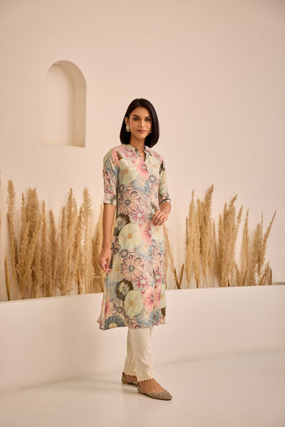 Neerus L Gray Straight Printed Kurta