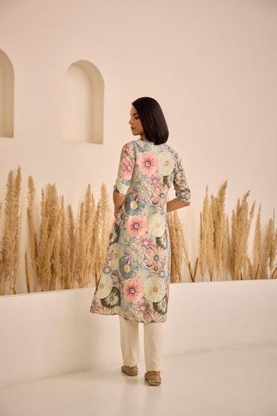 Neerus L Gray Straight Printed Kurta