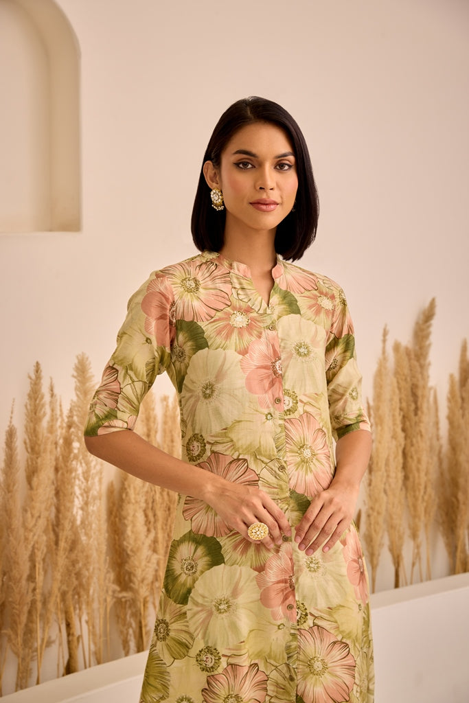 Neerus Green printed curved kurti - back view