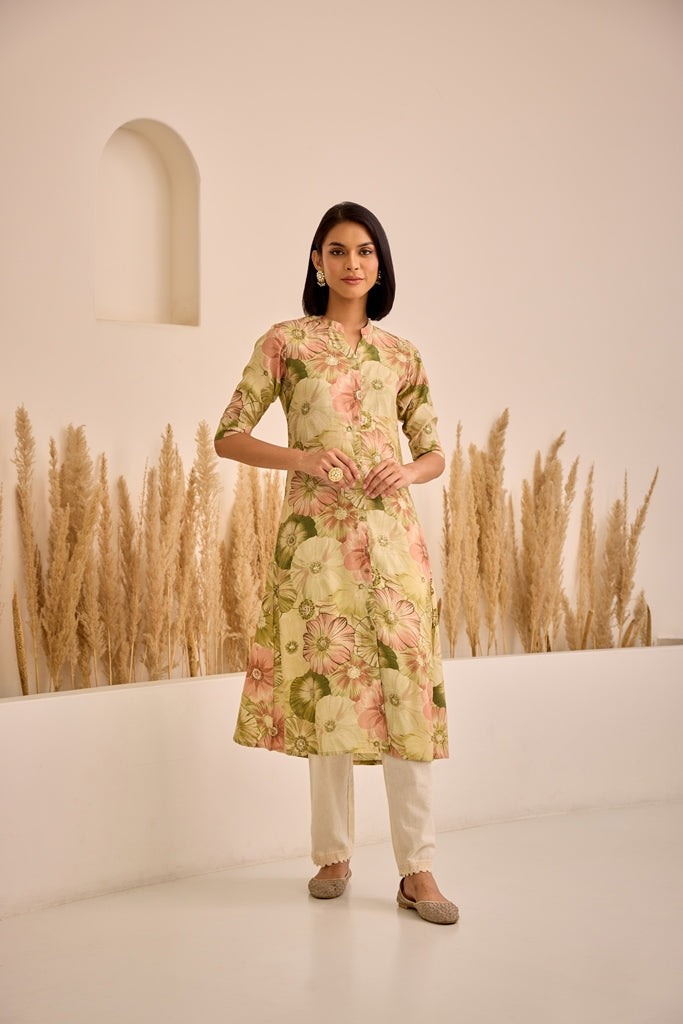 Neerus Green printed curved kurti - detail view 3