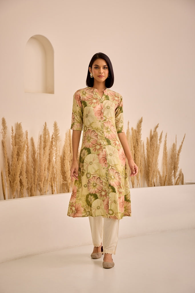 Neerus Green printed curved kurti - front view