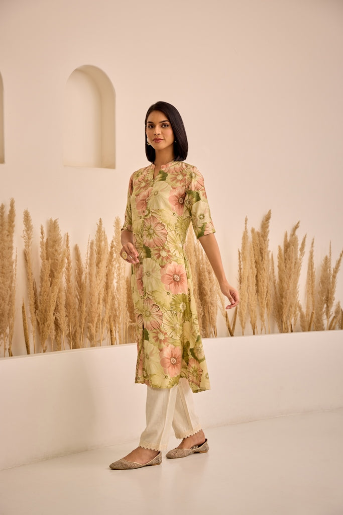 Neerus Green printed curved kurti - side view
