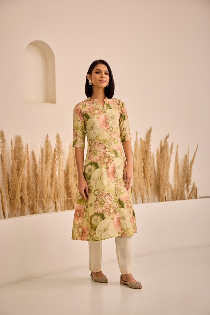 Neerus Green printed curved kurti - detail view 2