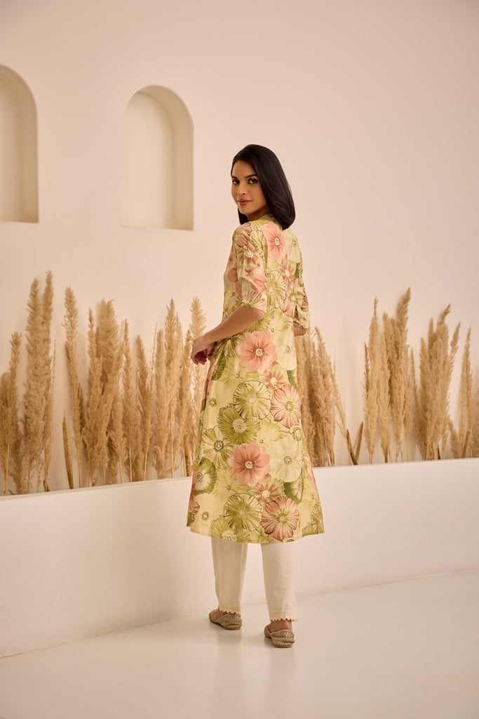 Neerus Green printed curved kurti - detail view 1