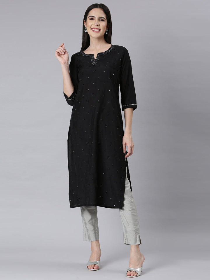 Neerus Black shantoon embellished straight kurti - front view