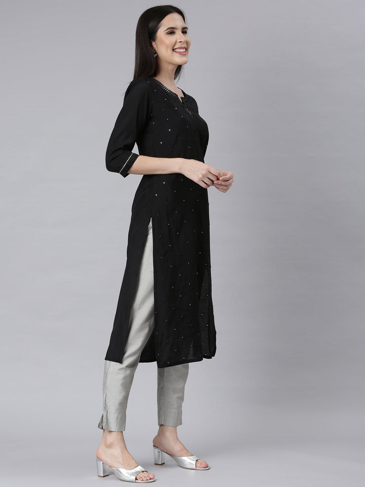 Neerus Black shantoon embellished straight kurti - back view