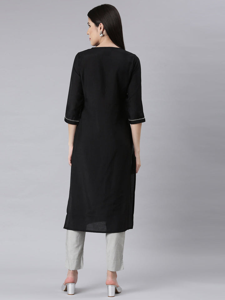 Neerus Black shantoon embellished straight kurti - side view