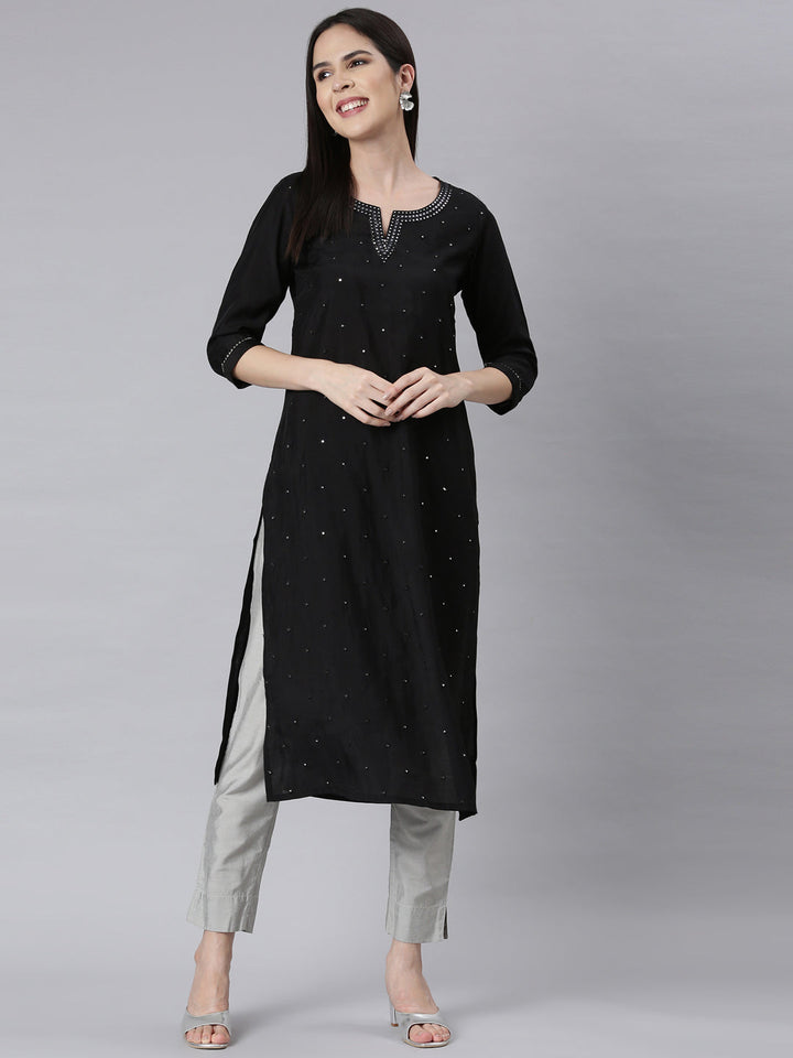 Neerus Black shantoon embellished straight kurti - detail view 1