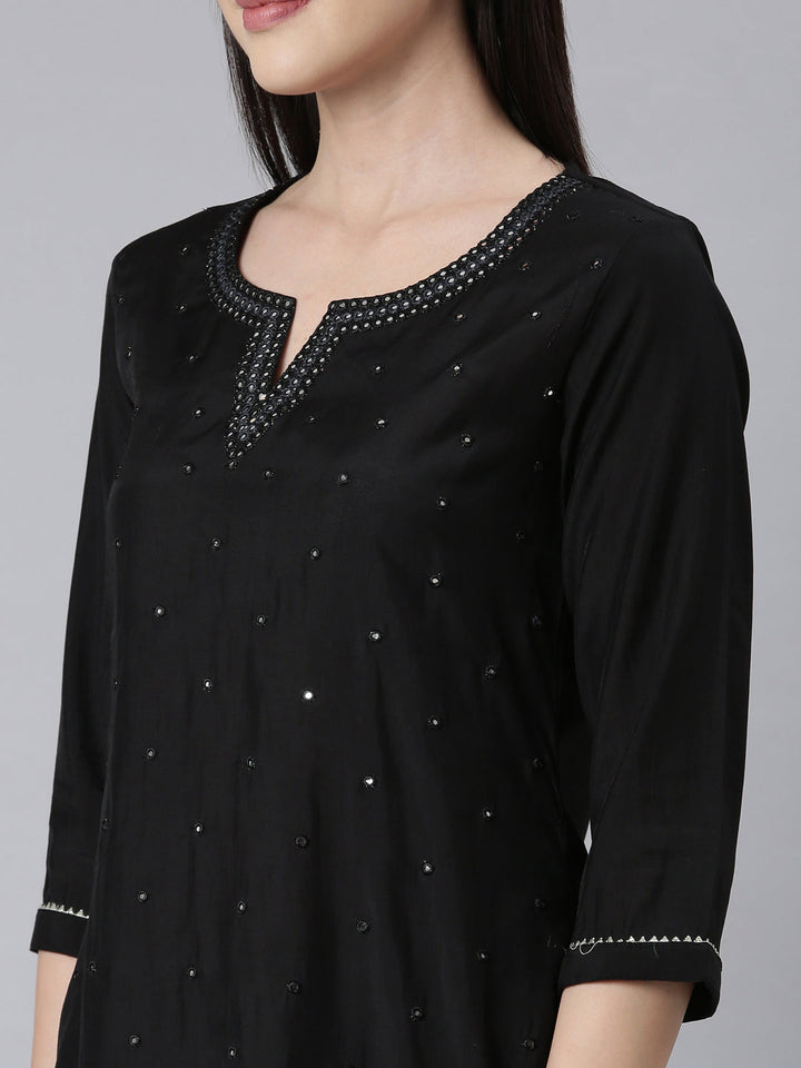 Neerus Black shantoon embellished straight kurti - detail view 2