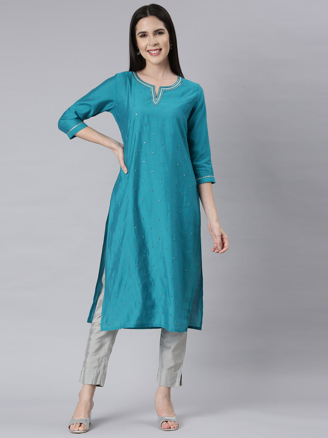 Neerus Green embellished panelled kurti - front view