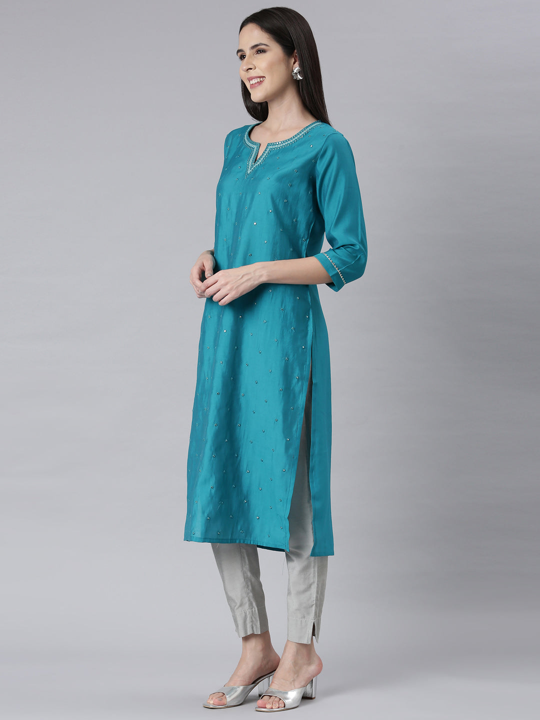 Neerus Green embellished panelled kurti - back view