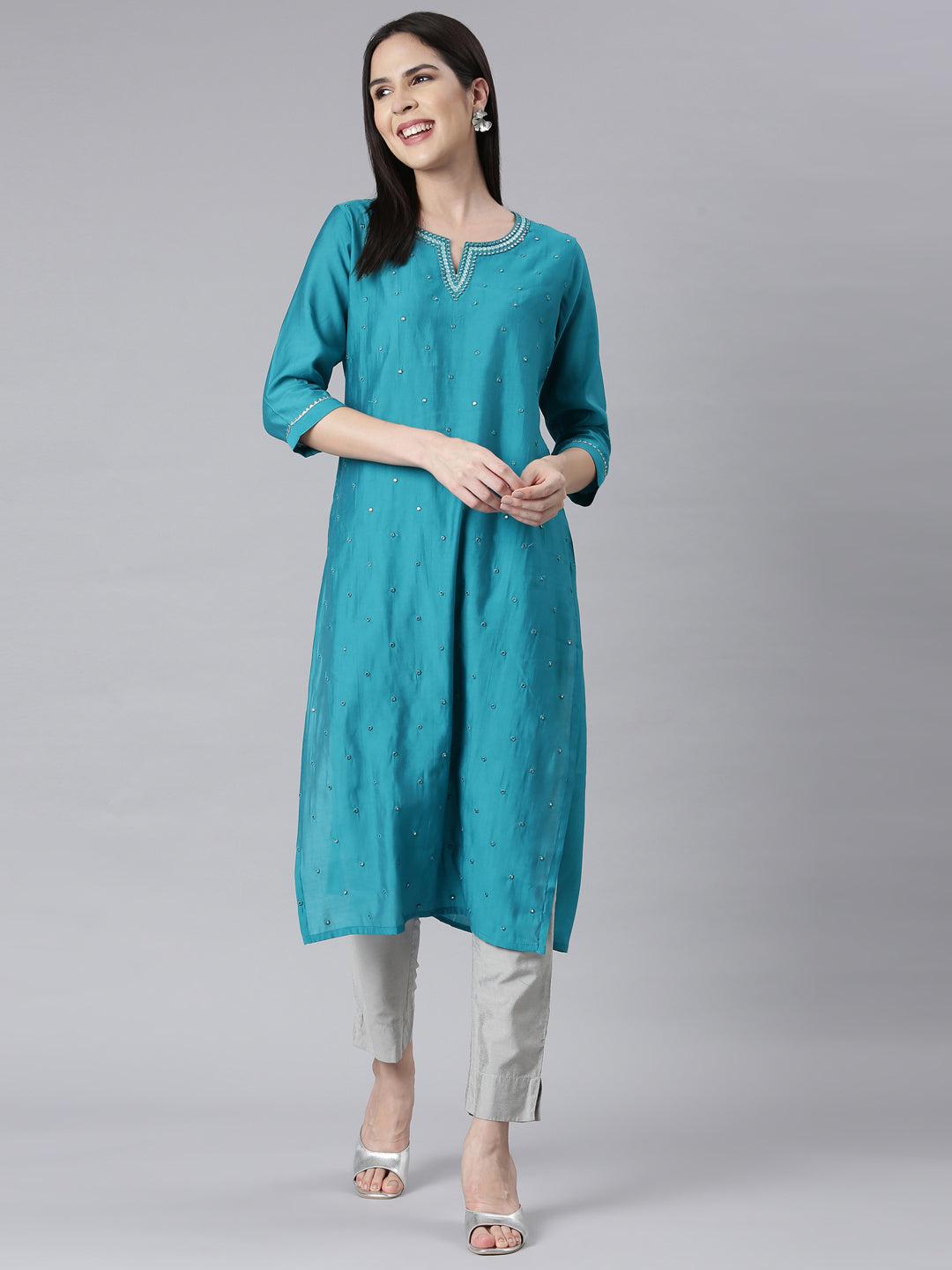 Neerus Green embellished panelled kurti - detail view 1