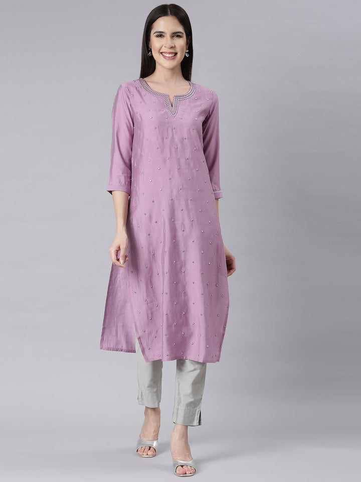 Neerus Purple embellished straight kurti panelled - front view