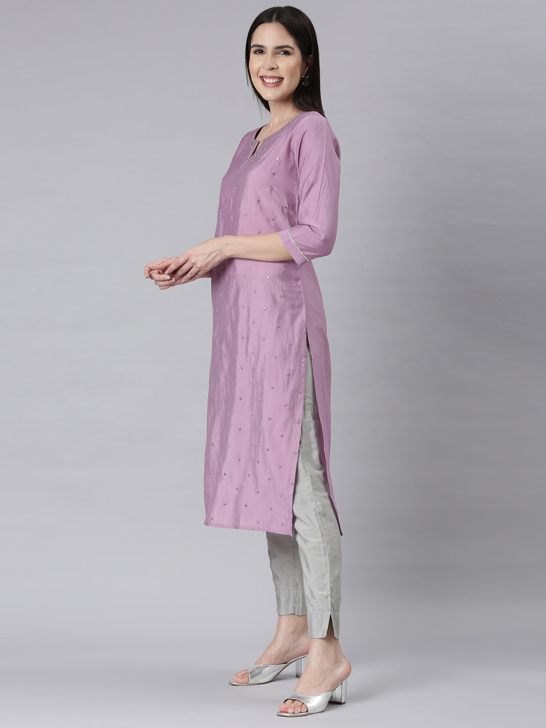 Neerus Purple embellished straight kurti panelled - back view