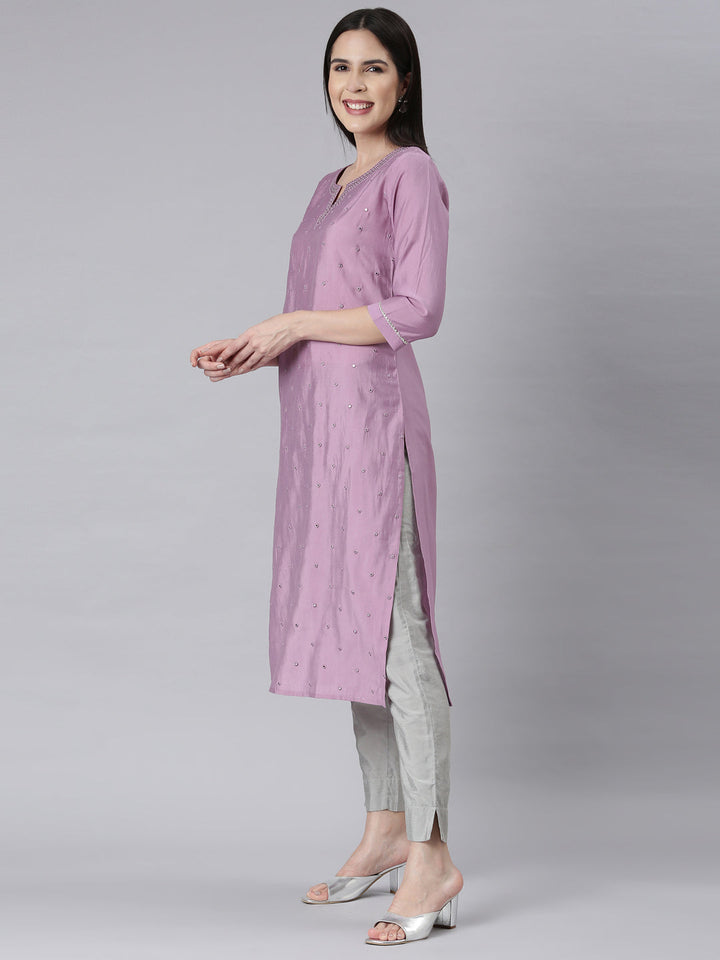 Neerus Purple embellished straight kurti panelled - back view