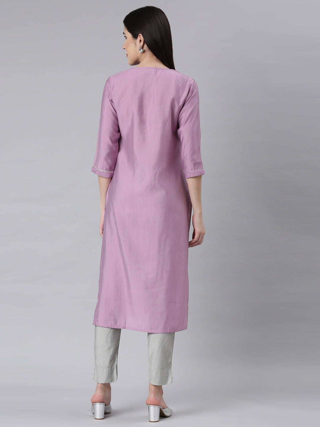 Neerus Purple embellished straight kurti panelled - side view