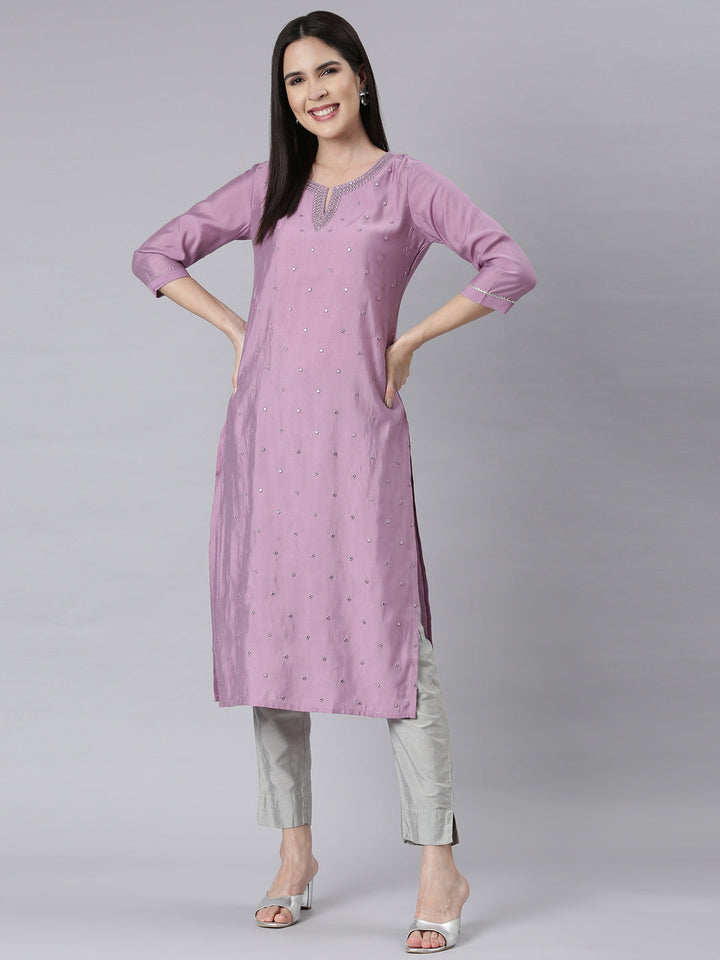 Neerus Purple embellished straight kurti panelled - detail view 1