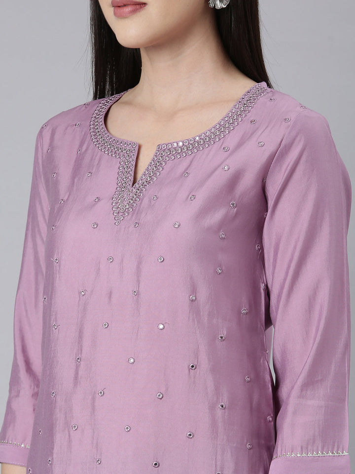 Neerus Purple embellished straight kurti panelled - detail view 2