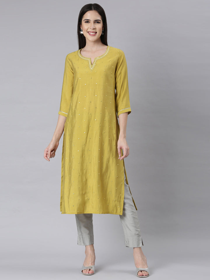 Neerus Green Panelled Straight Embellished Kurtas