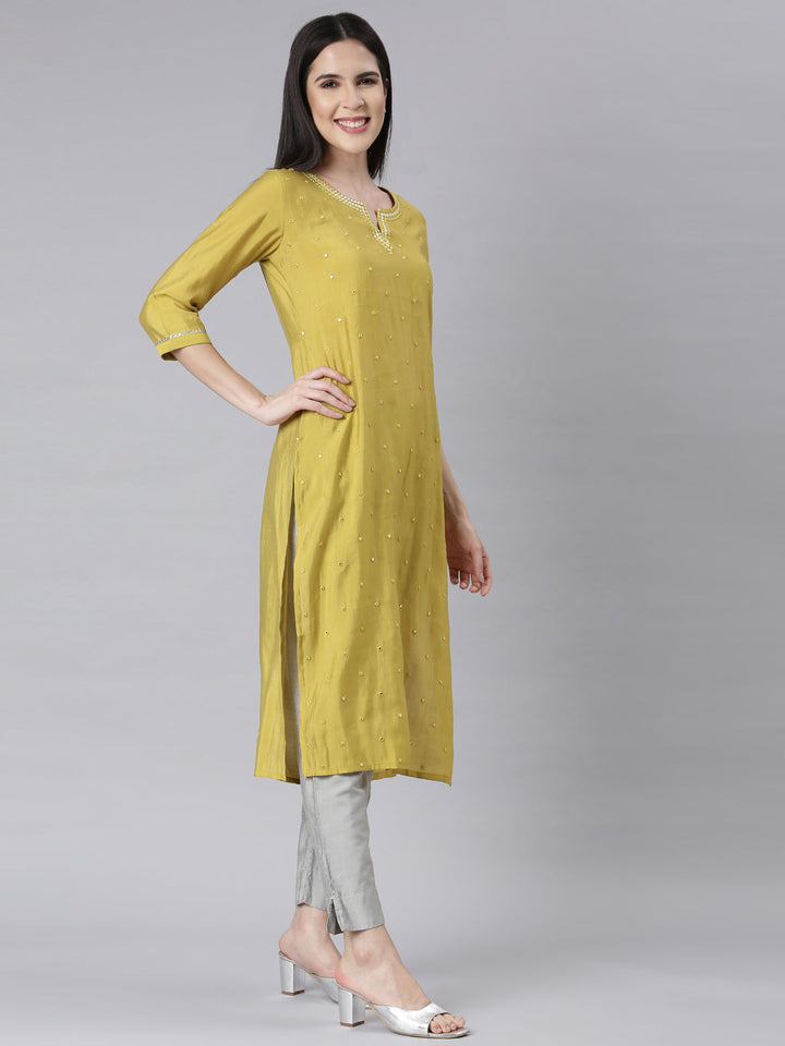 Neerus Green Panelled Straight Embellished Kurtas