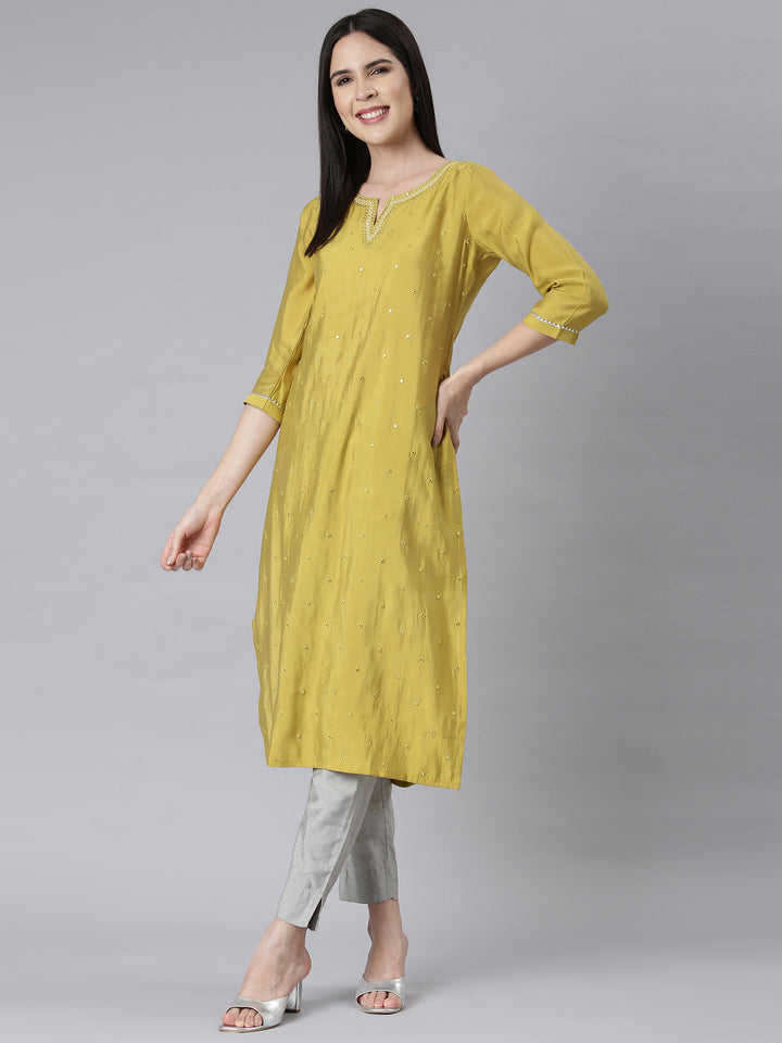 Neerus Green Panelled Straight Embellished Kurtas