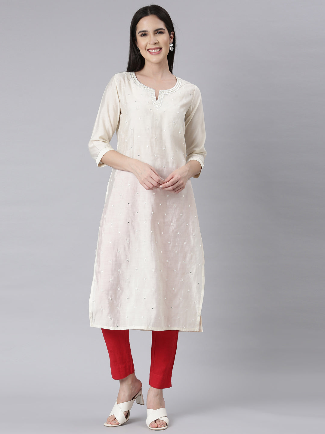 Neerus White embellished straight panelled kurti - front view