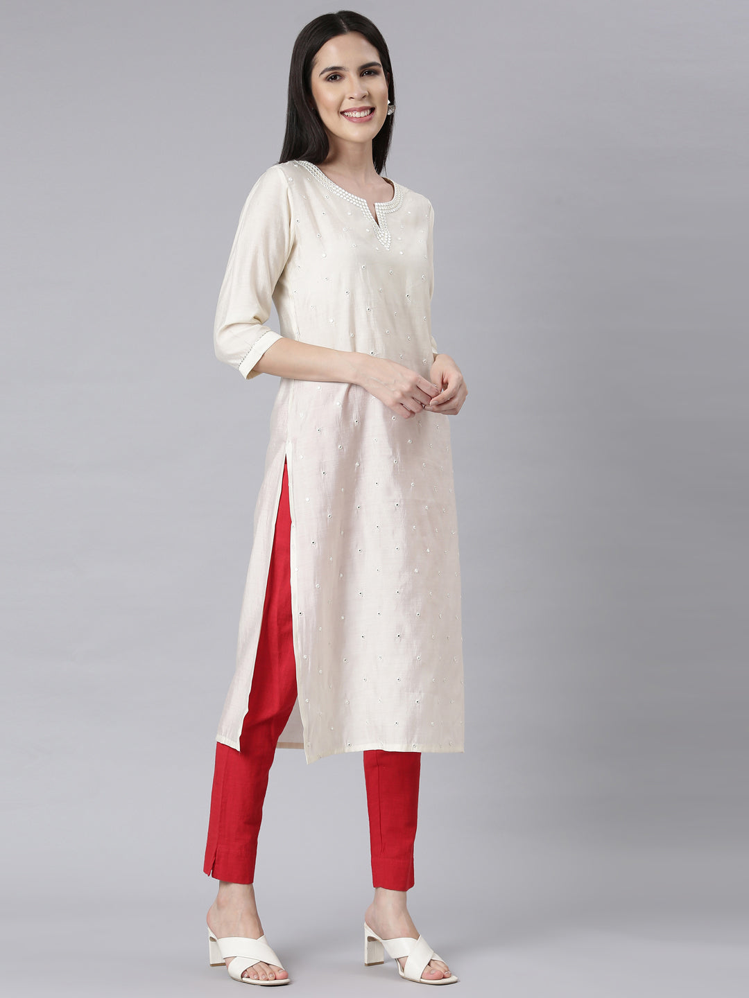 Neerus White embellished straight panelled kurti - back view