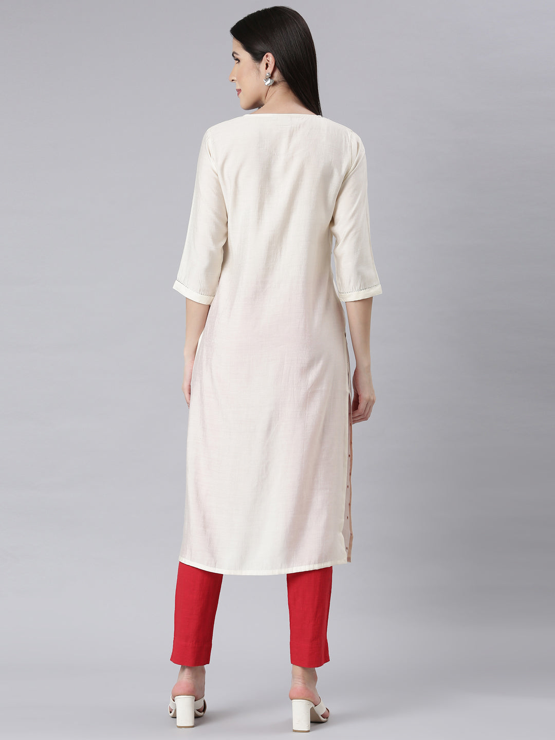 Neerus White embellished straight panelled kurti - side view