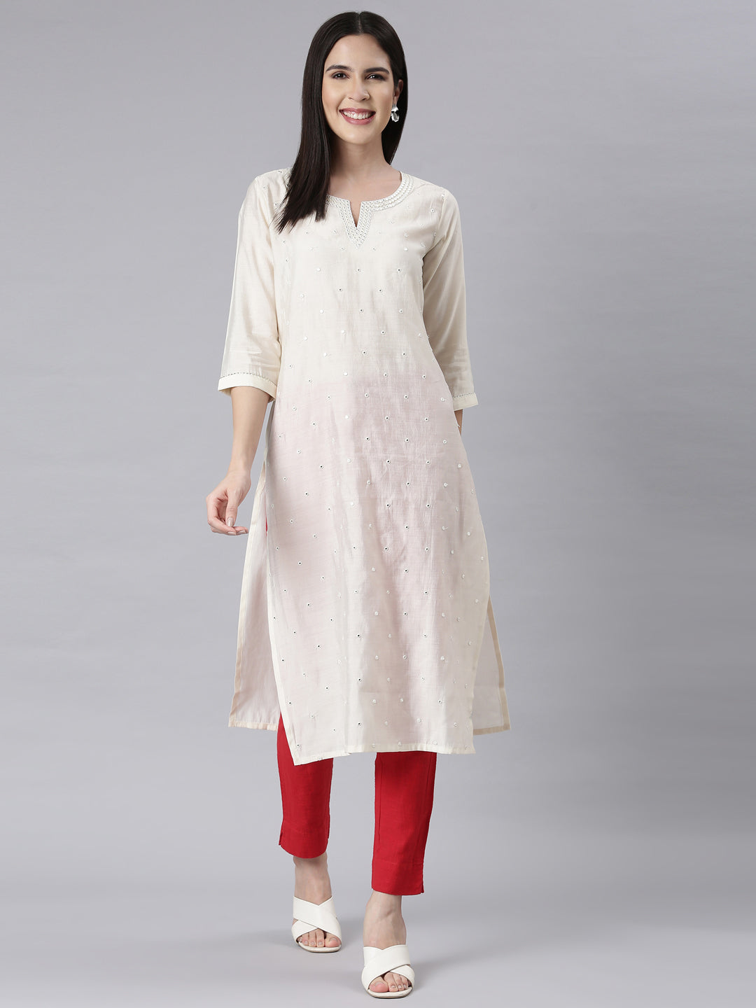 Neerus White embellished straight panelled kurti - detail view 1