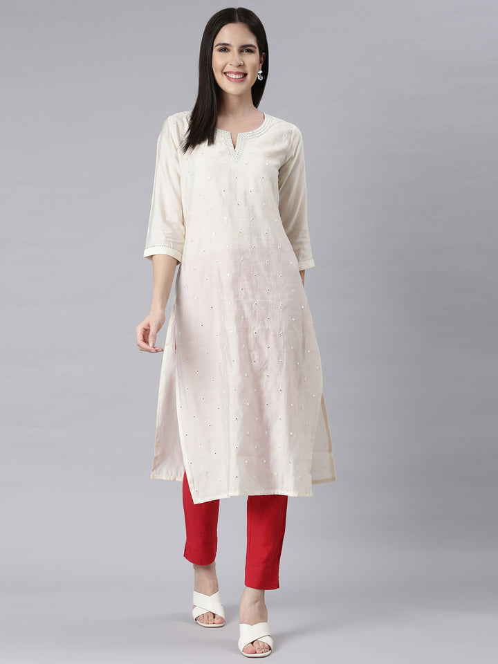 Neerus White embellished straight panelled kurti - detail view 1