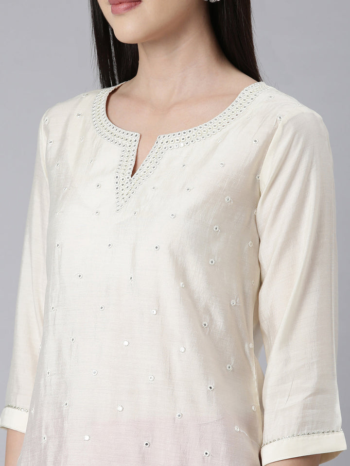 Neerus White embellished straight panelled kurti - detail view 2