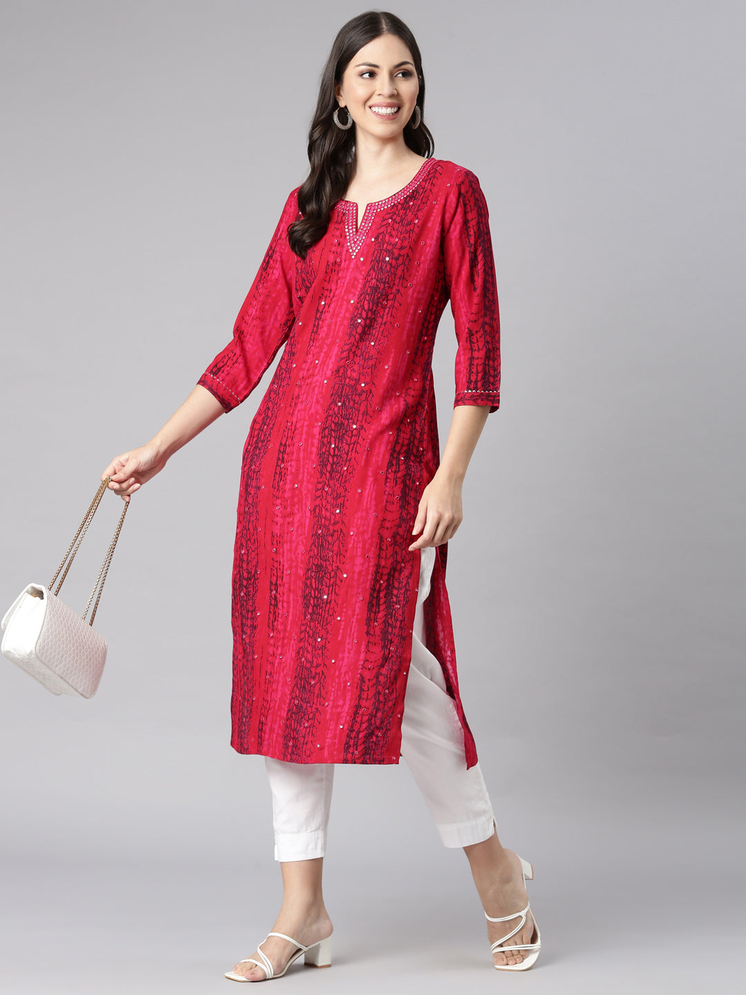 Neerus Red rayon solid straight kurta - front view