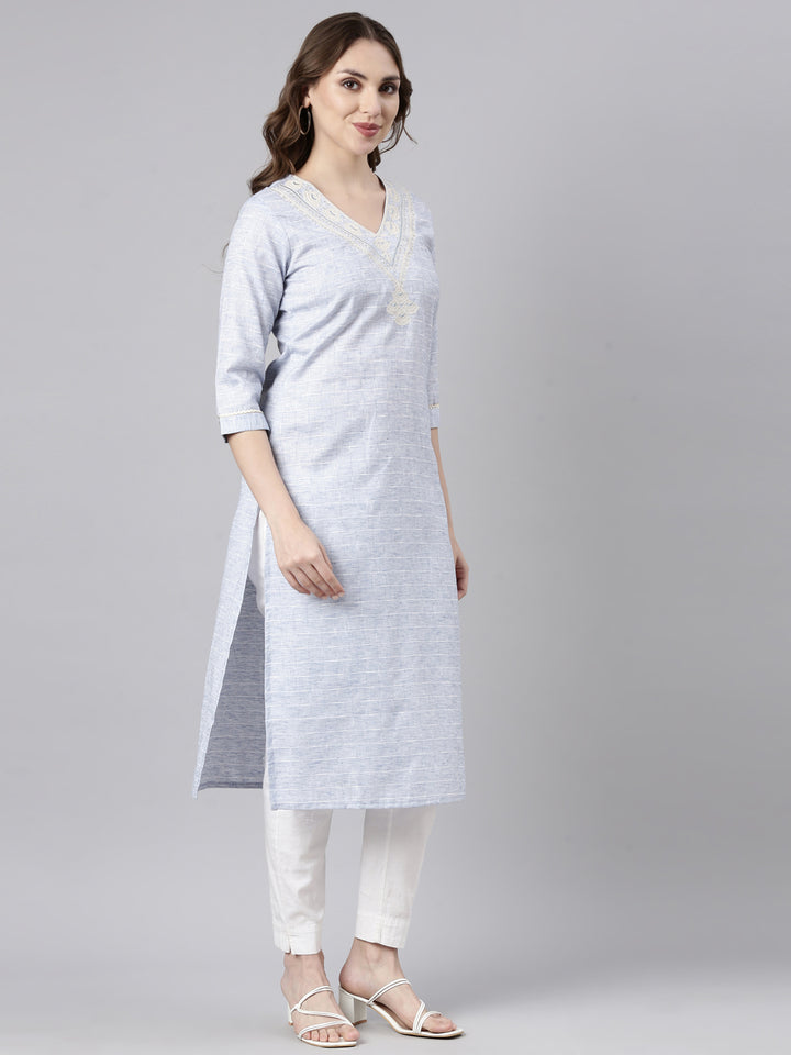 Neerus Blue Regular Straight Checked Kurtas
