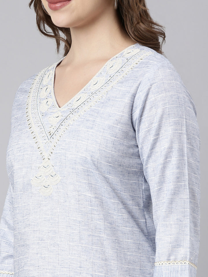 Neerus Blue Regular Straight Checked Kurtas